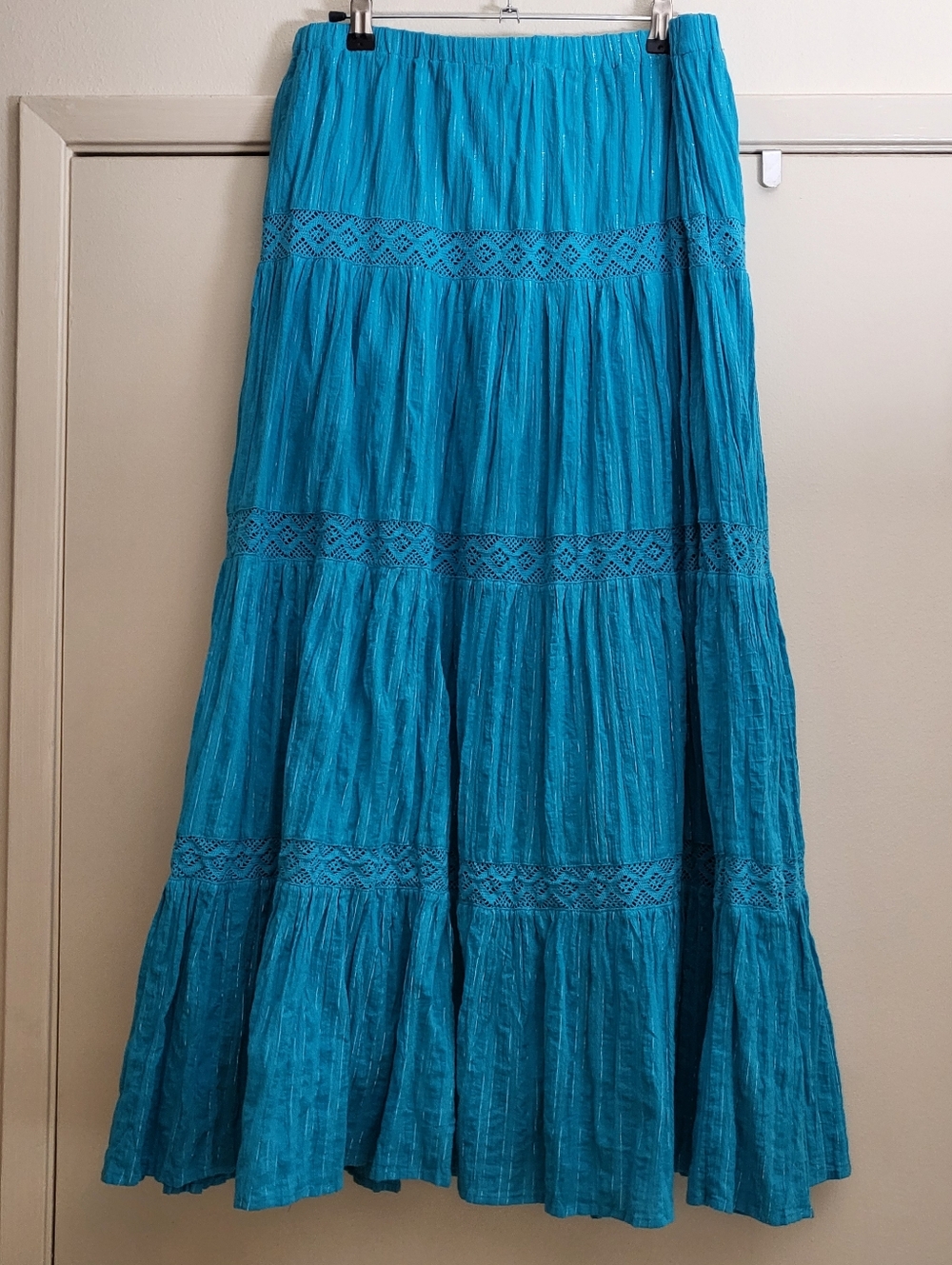 Susan Graver Cotton Tiered Maxi Skirt Bright Aqua W/Silver Metalic Stripes Sz M